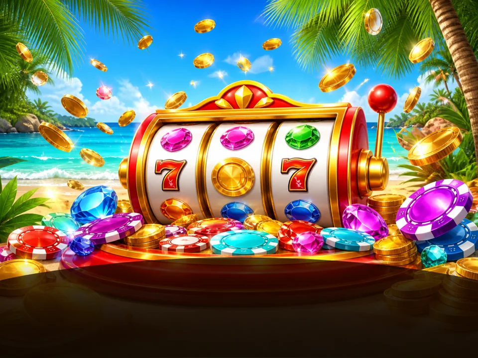 Tropischer Slot mit roten Walzen und Edelsteinen