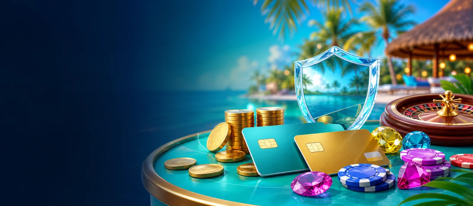 Tropische Casino-Kasse mit Roulette, Chips und Edelsteinen